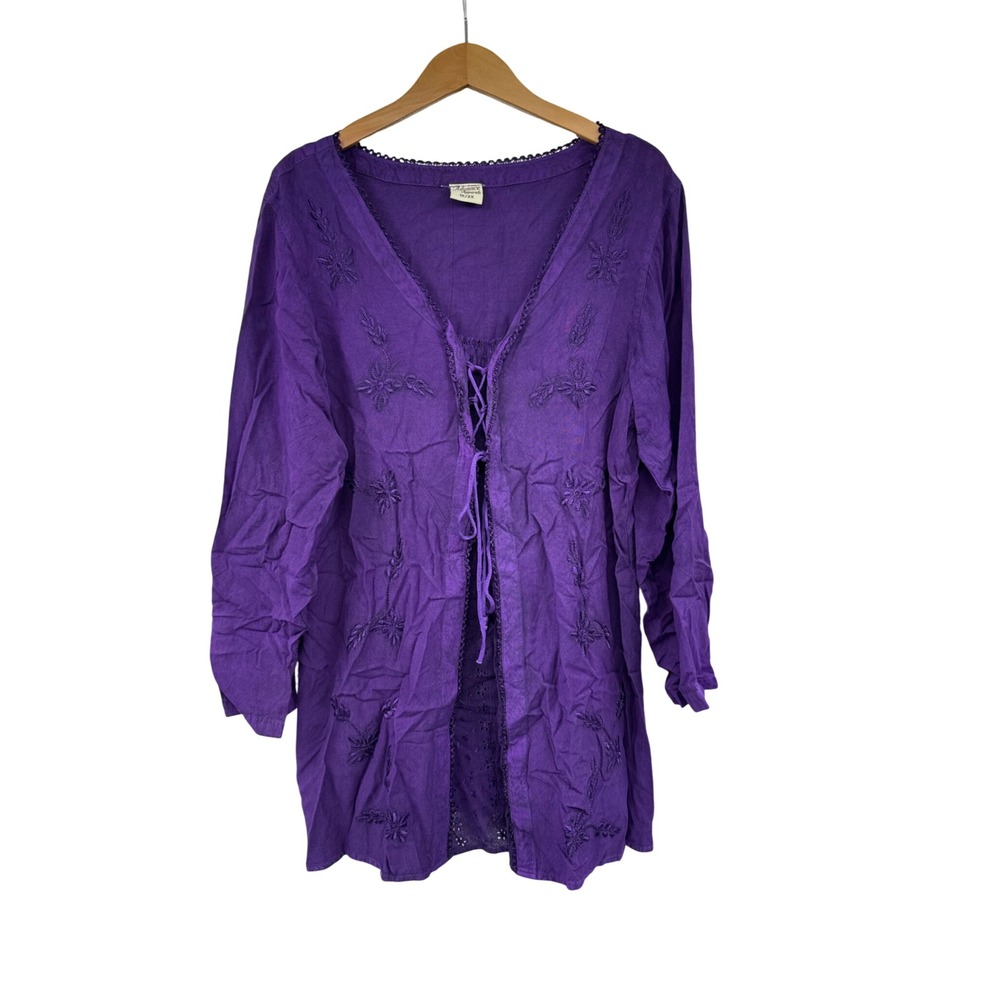 Advance Apparels Purple Embroidered Lace Up Tunic Top Boho Renaissance 1X/2X